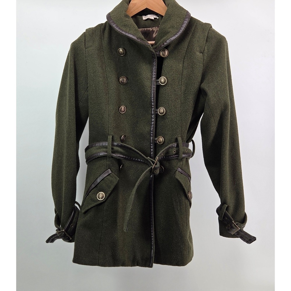 J.J. Basics Women's Large Green Double Breasted Wool Blend Coat Faux Leather - Picture 1 of 12